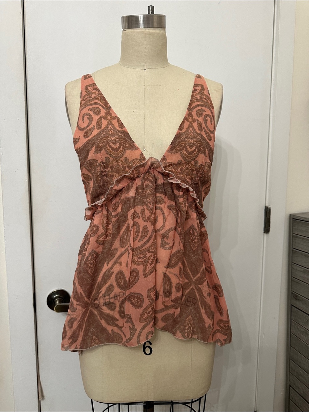 Peach Paisley Ruffle V-Neck Camisole